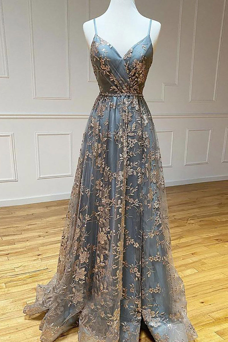 Load image into Gallery viewer, Mermaid Spaghetti Straps Grey Tulle Long Prom Dress with Appliques