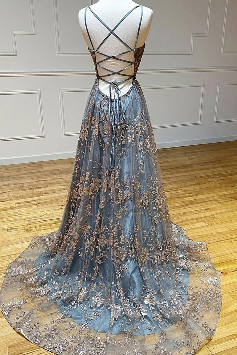 Load image into Gallery viewer, Mermaid Spaghetti Straps Grey Tulle Long Prom Dress with Appliques