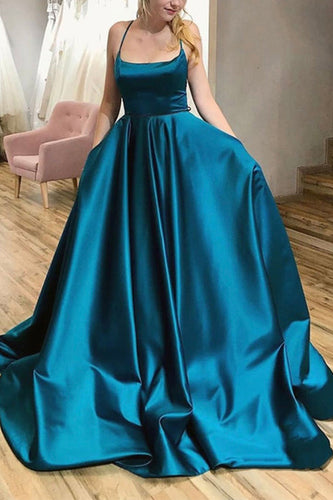 A-Line Halter Peacock Blue Satin Long Prom Dress