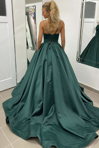 A-Line Spaghetti Straps Dark Green Satin Corset Long Prom Dress