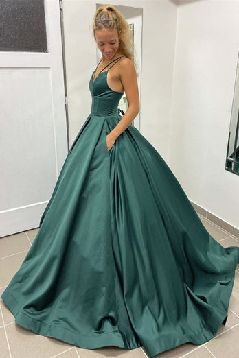 A-Line Spaghetti Straps Dark Green Satin Corset Long Prom Dress