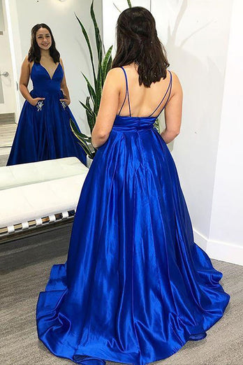 A-Line Spaghetti Straps Royal Blue Satin Long Prom Dress with Pockets