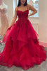Load image into Gallery viewer, A-Line Spaghetti Straps Red Tulle Long Prom Dress with Appliques