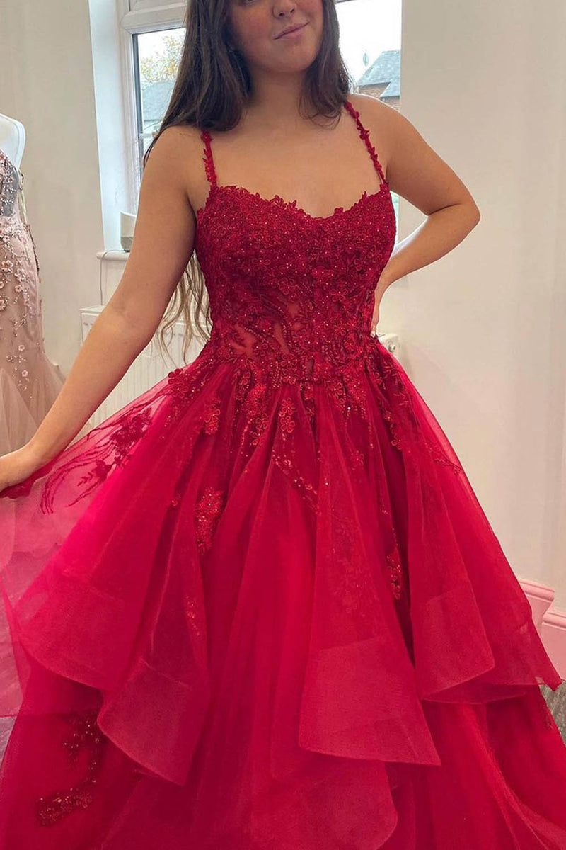 Load image into Gallery viewer, A-Line Spaghetti Straps Red Tulle Long Prom Dress with Appliques