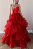 Load image into Gallery viewer, Sparkly Tulle Tiered Spaghetti Straps Red Long Prom Dress