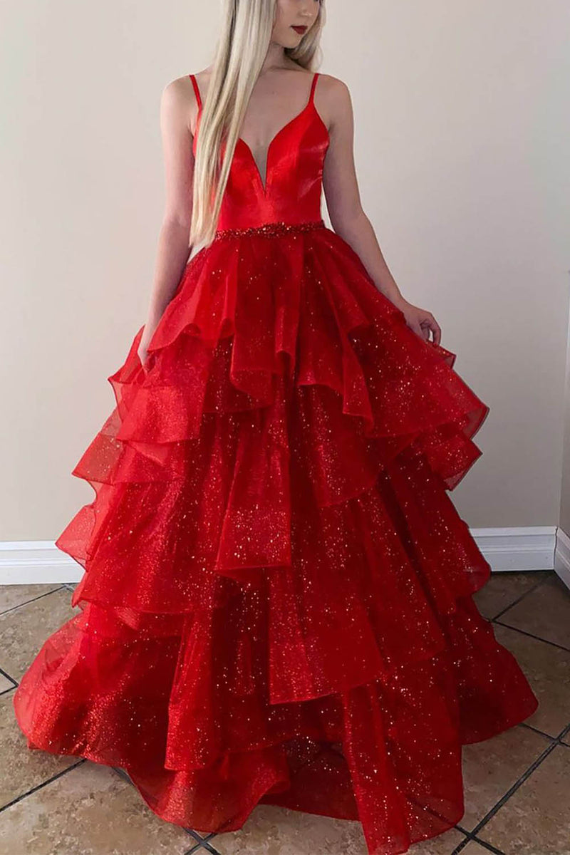 Load image into Gallery viewer, Sparkly Tulle Tiered Spaghetti Straps Red Long Prom Dress