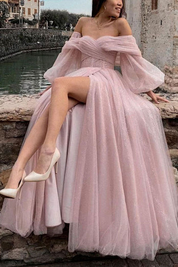 A-Line Off The Shoulder Light Pink Tulle Long Prom Dress