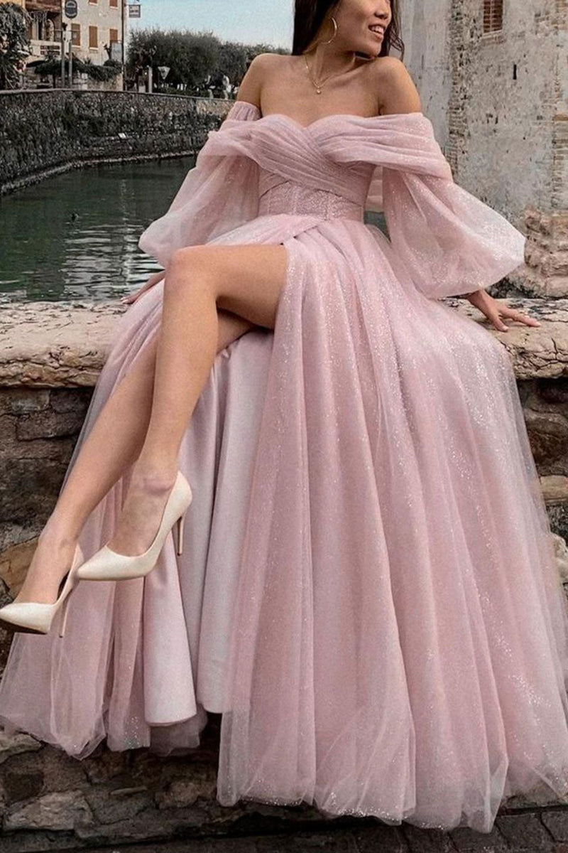 Load image into Gallery viewer, A-Line Off The Shoulder Light Pink Tulle Long Prom Dress