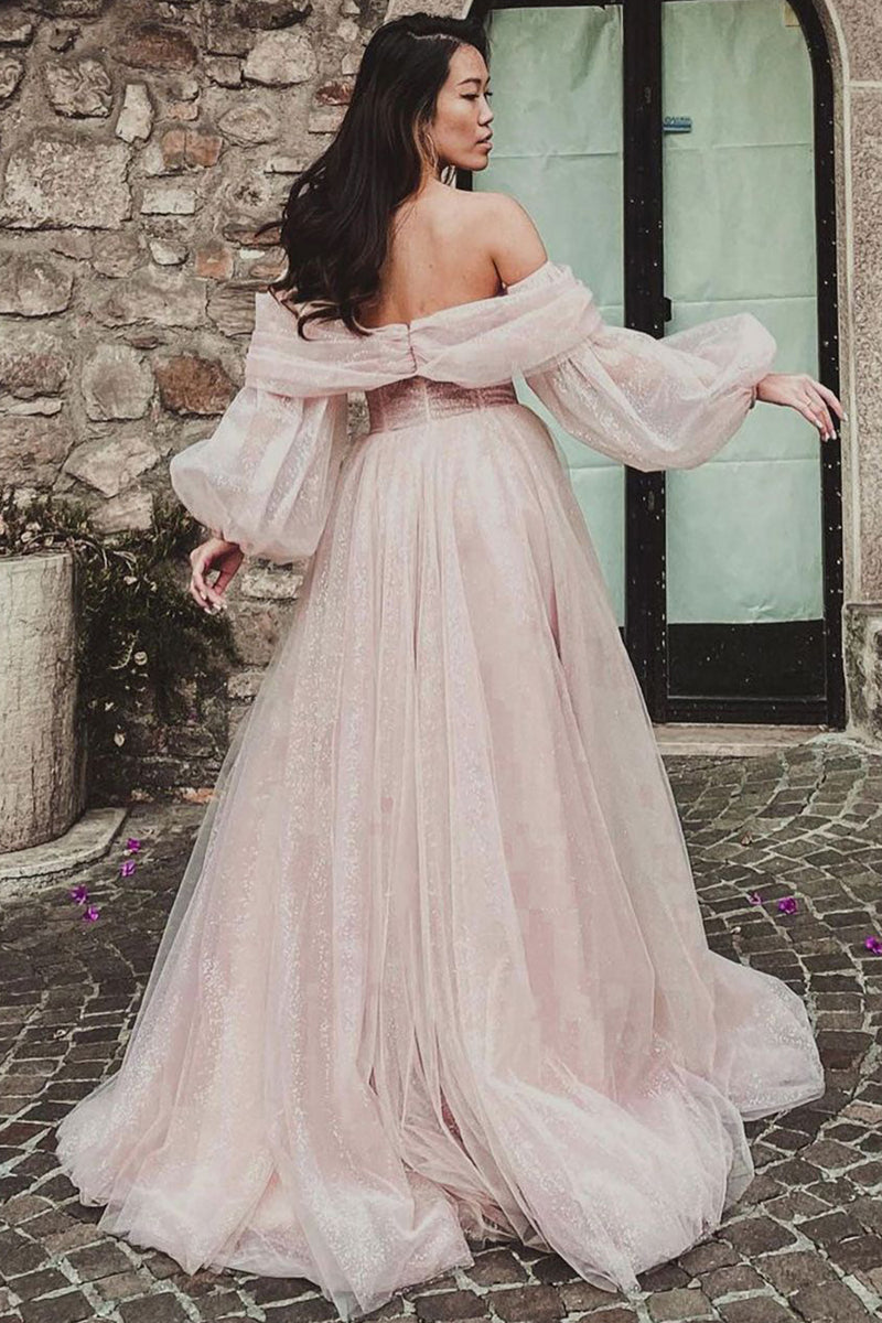 Load image into Gallery viewer, A-Line Off The Shoulder Light Pink Tulle Long Prom Dress