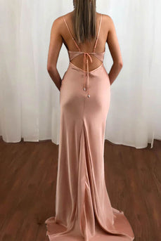 Mermaid Spaghetti Straps Satin Blush Long Prom Dress