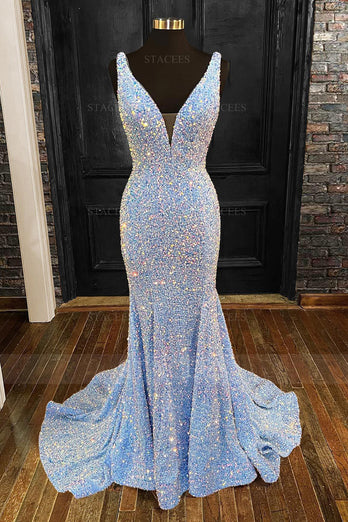 Mermaid Spaghetti Straps Light Blue Sparkly Long Prom Dress