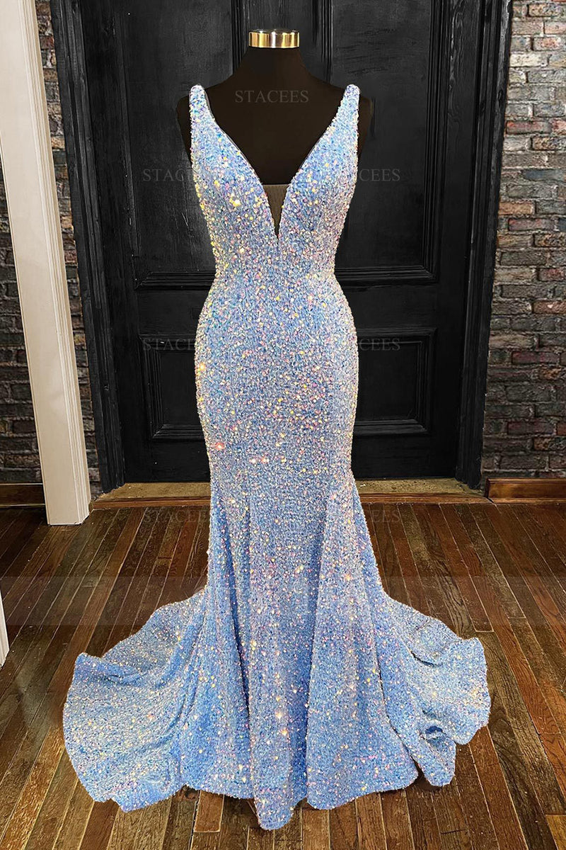 Load image into Gallery viewer, Mermaid Spaghetti Straps Light Blue Sparkly Long Prom Dress