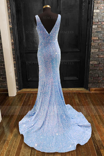 Mermaid Spaghetti Straps Light Blue Sparkly Long Prom Dress