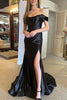 Load image into Gallery viewer, Mermaid Off The Shoulder Satin Black Corset Prom Dress with Slit