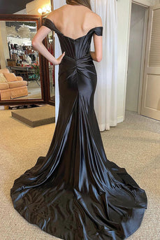 Mermaid Off The Shoulder Satin Black Corset Prom Dress with Slit