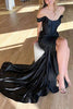 Load image into Gallery viewer, Mermaid Off The Shoulder Satin Black Corset Prom Dress with Slit