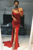 Load image into Gallery viewer, Mermaid Off The Shoulder Satin Dark Navy Long Prom Dress with Slit