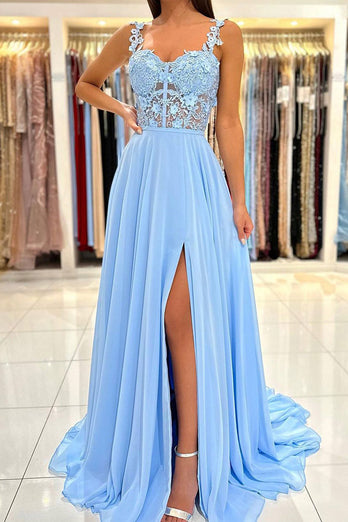 Spaghetti Straps Light Blue Corset Prom Dress with Appliques