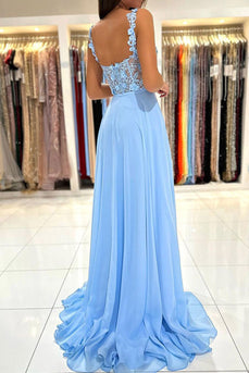 Spaghetti Straps Light Blue Corset Prom Dress with Appliques