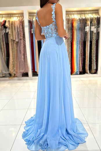 Spaghetti Straps Light Blue Corset Prom Dress with Appliques