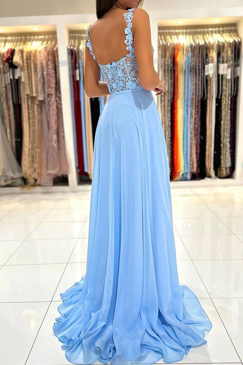 Load image into Gallery viewer, Spaghetti Straps Light Blue Corset Prom Dress with Appliques