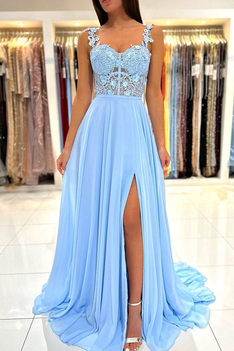 Load image into Gallery viewer, Spaghetti Straps Light Blue Corset Prom Dress with Appliques