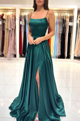 Mermaid Spaghetti Straps Satin Dark Green Long Prom Dress with Slit