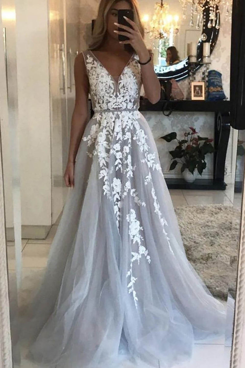 Load image into Gallery viewer, A-Line Deep V-Neck Tulle Grey Long Prom Dress with Appliques