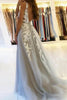 Load image into Gallery viewer, A-Line Deep V-Neck Tulle Grey Long Prom Dress with Appliques