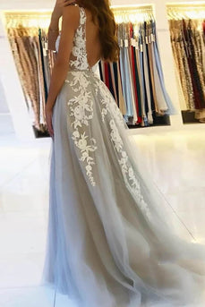 A-Line Deep V-Neck Tulle Grey Long Prom Dress with Appliques