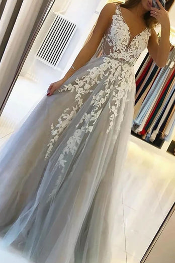 A-Line Deep V-Neck Tulle Grey Long Prom Dress with Appliques