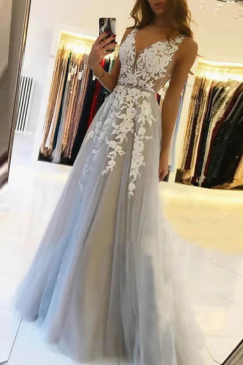 A-Line Deep V-Neck Tulle Grey Long Prom Dress with Appliques