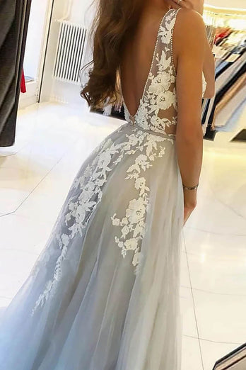 A-Line Deep V-Neck Tulle Grey Long Prom Dress with Appliques