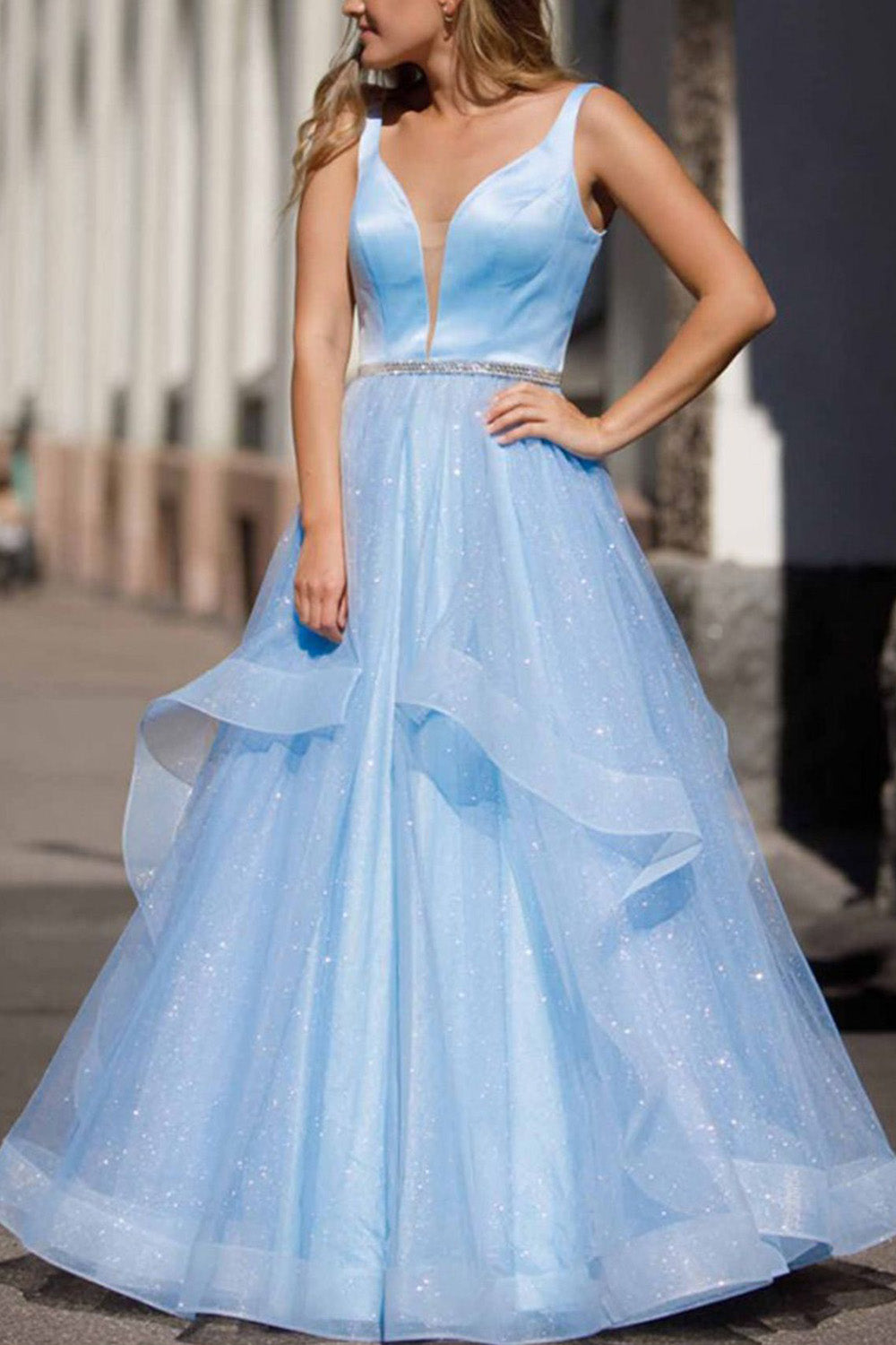 Glitter Backless Light Blue Long Prom Dress