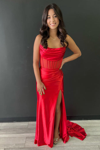 Red Sheath Corset Long Prom Dress with Slit