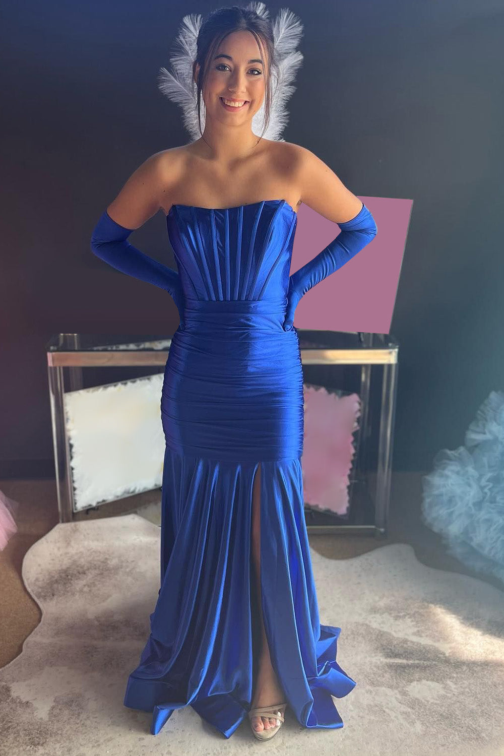 Royal Blue Corset Detachable Sleeves Mermaid Long Prom Dress with Slit