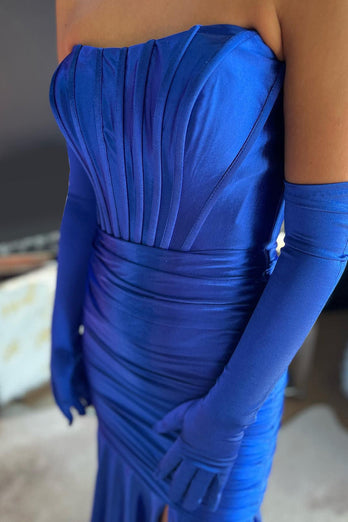 Royal Blue Corset Detachable Sleeves Mermaid Long Prom Dress with Slit