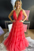 Load image into Gallery viewer, Red A-Line Deep V-Neck Backless Long Tulle Prom Dress