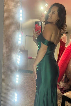 Dark Green Corset Sheath Long Prom Dress with Slit