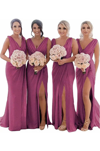 Rust Sheath Chiffon Ruched Long Bridesmaid Dress with Slit