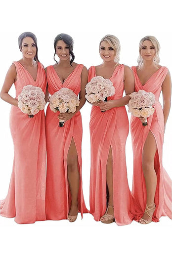 Rust Sheath Chiffon Ruched Long Bridesmaid Dress with Slit