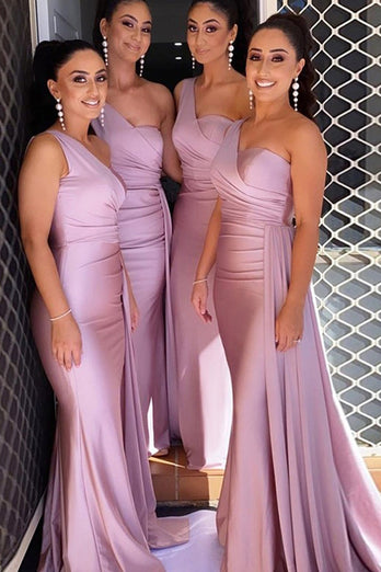 Blush One Shoulder Mermaid Long Bridesmaid Dress with Ruffles