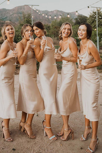 Ivory Mid-Calf Spaghetti Straps Bridesmaid Dress