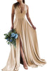 Load image into Gallery viewer, Champagne A-Line Ruched Long Bridesmaid Dress with Slit