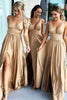 Load image into Gallery viewer, Champagne A-Line Ruched Long Bridesmaid Dress with Slit