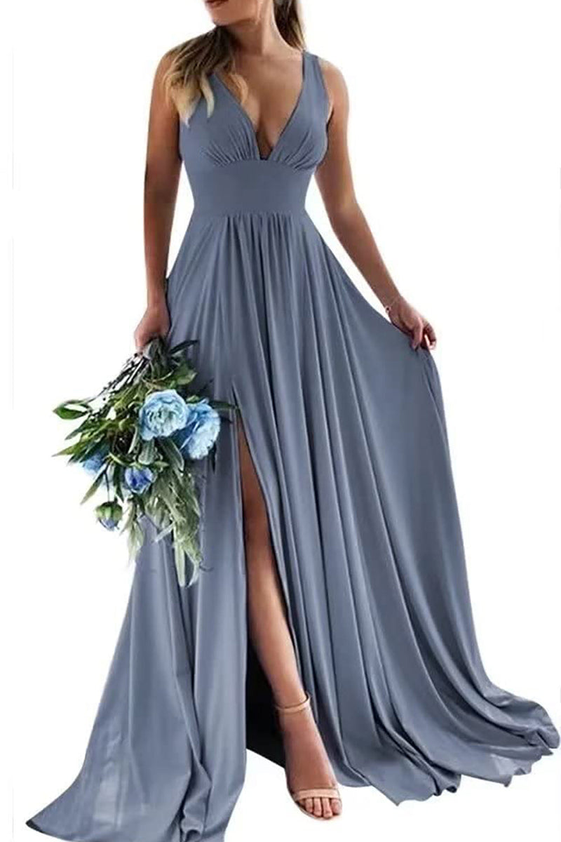 Load image into Gallery viewer, Champagne A-Line Ruched Long Bridesmaid Dress with Slit