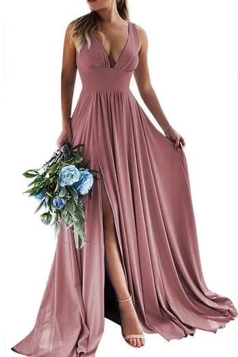 Dusty Sage A-Line Ruched Long Bridesmaid Dress with Slit