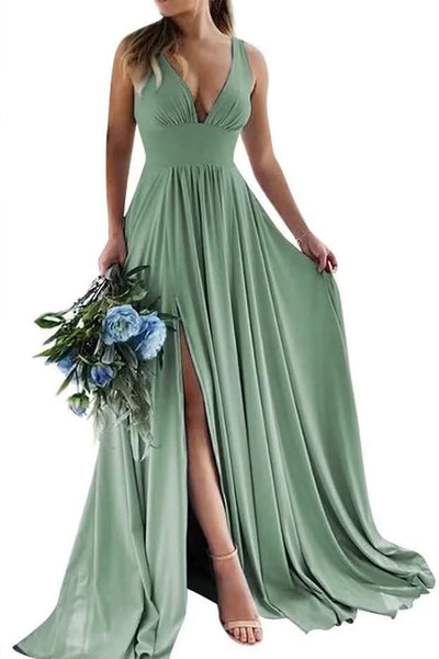 Dusty Sage A-Line Ruched Long Bridesmaid Dress with Slit