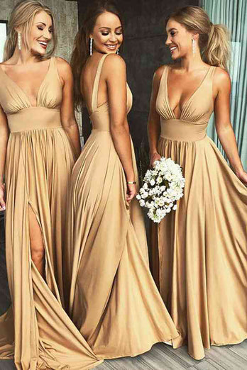 Dusty Sage A-Line Ruched Long Bridesmaid Dress with Slit