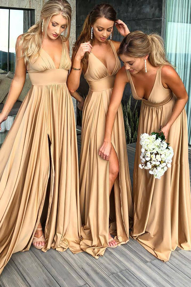 Load image into Gallery viewer, Dusty Rose A-Line Ruched Long Bridesmaid Dress with Slit